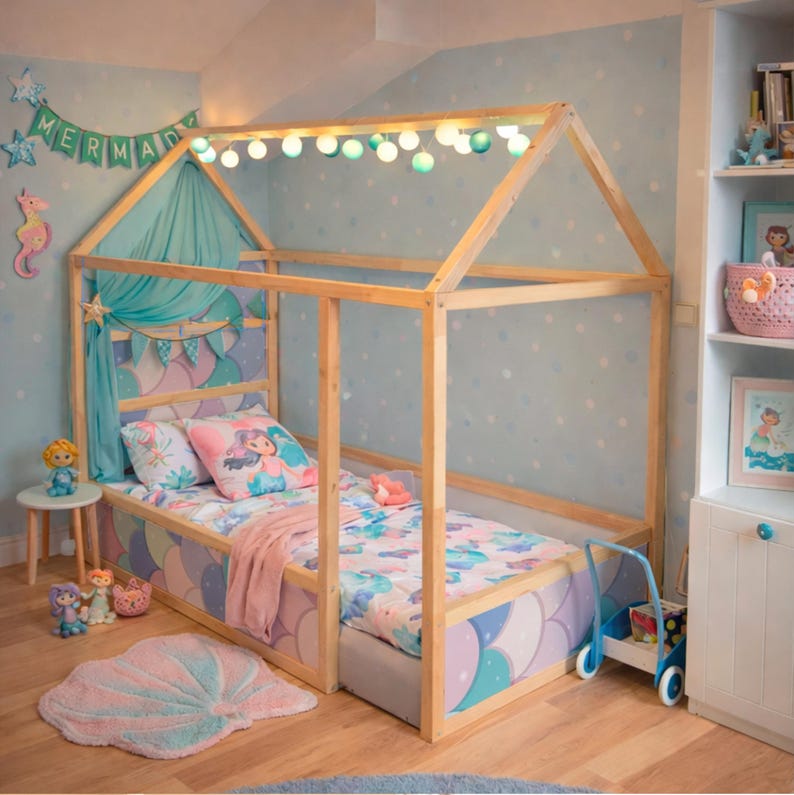 Mermaid scale peel and stick decals for Kura low bed in pastel colors, customer favorite bunk bed upgrade