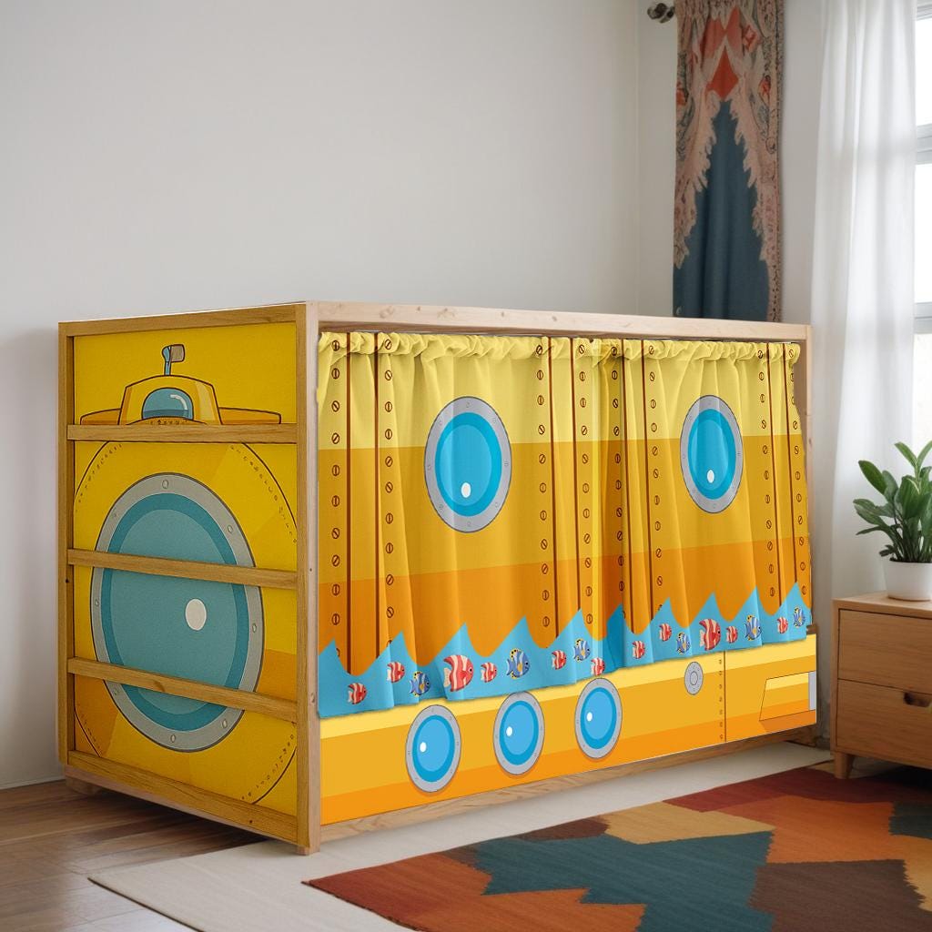 IKEA Kura Bed Tent. Submarine Playhouse Set. Loft Bed Decor. Kids Bed Fort. Underwater Theme Bedroom.