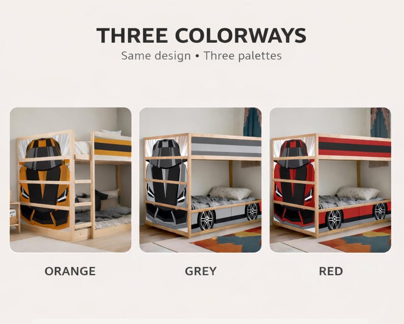 Tree colorways for racing car ikea kura bed decal.