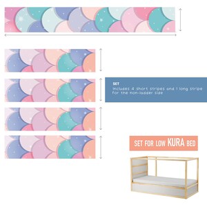 May include: A set of five colorful mermaid-themed bed rail strips for a low KURA bed. The strips feature a pattern of overlapping pastel pink, blue, and purple circles with glitter accents. The text "SET FOR LOW KURA BED" is printed on a white rectangle.