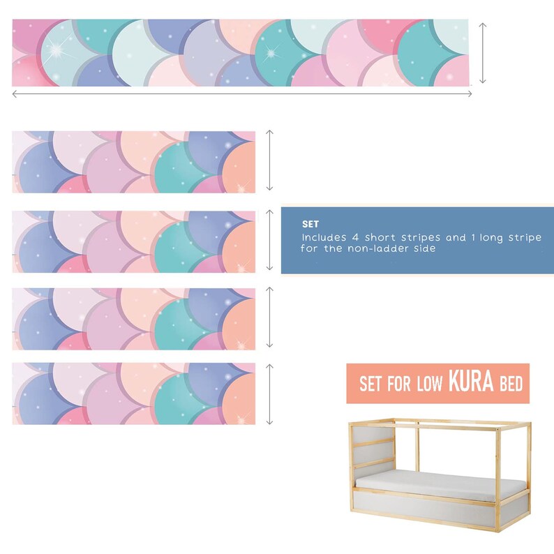 May include: A set of five colorful mermaid-themed bed rail strips for a low KURA bed. The strips feature a pattern of overlapping pastel pink, blue, and purple circles with glitter accents. The text "SET FOR LOW KURA BED" is printed on a white rectangle.