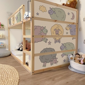 Kura bed decal. Cozy Farm-Themed Kids Room Décor. Peel-and-Stick Ikea Kura bed Stickers with Funny Sheeps.