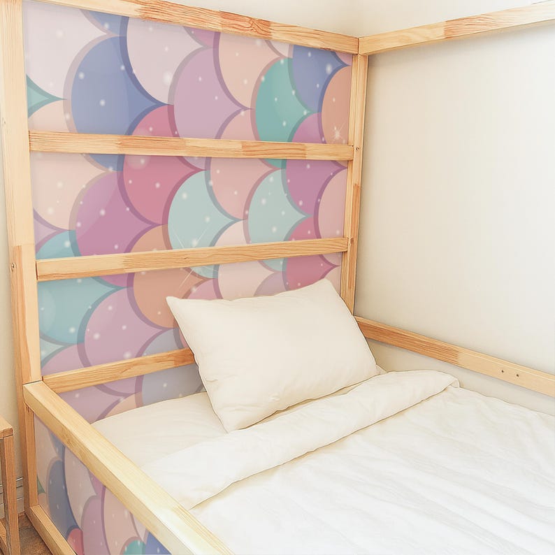 Mermaid scale pastel skins for IKEA Kura bed panels, trusted by buyers peel and stick decal set