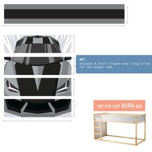 May include: A set of grey and black stripes for a loft bed, with a matching bed frame. The image includes a text box that says "SET Includes 4 short stripes and 1 long stripe for the ladder side."