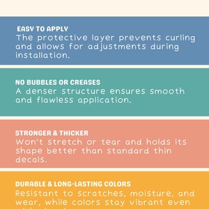 May include: A graphic with the text "WHY CHOOSE MY DECALS?" and a list of reasons why these decals are a good choice. The reasons include: easy to apply, no bubbles or creases, stronger and thicker, and durable and long-lasting colors.