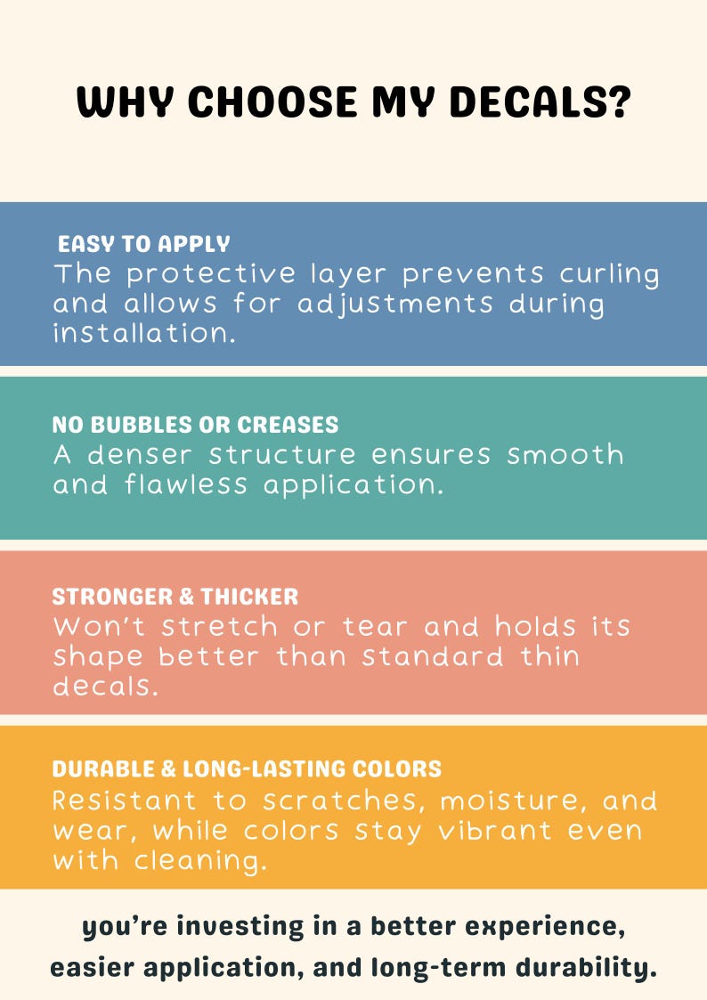 May include: A graphic with the text "WHY CHOOSE MY DECALS?" and a list of reasons why these decals are a good choice. The reasons include: easy to apply, no bubbles or creases, stronger and thicker, and durable and long-lasting colors.