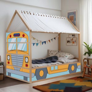 Ikea Kura Bed Decal School Bus. Loft, Bunk bed makeover. Kura bed accessories. Ikea hacks: School bus bed stickers  kids dramatic play.