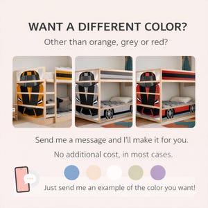May include: An advertisement for car-themed bunk beds in orange, grey, and red. The text asks, "WANT A DIFFERENT COLOR?" and offers custom colours. The image includes a phone icon and colour swatches. The beds are shown in a light wood frame.