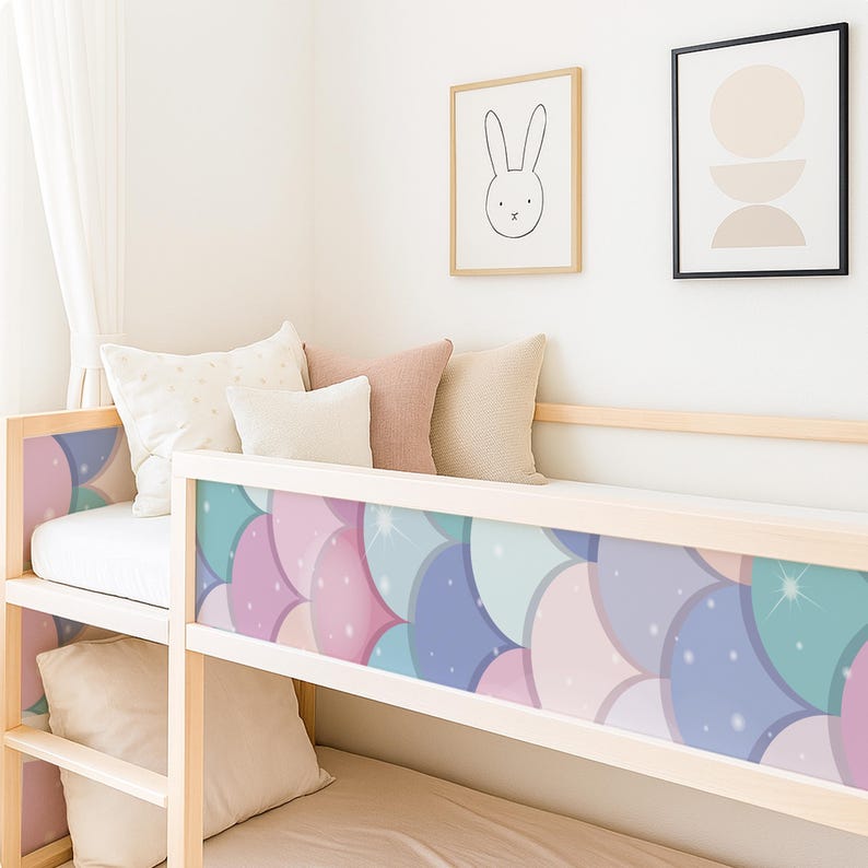 Pastel teal pink scale stickers for Kura bunk bed panels, well-reviewed peel and stick loft panel skins