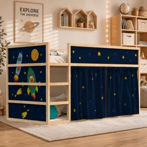 KEA Kura Bed Curtains & Stickers set. Space Rocket and Stars bed Theme.