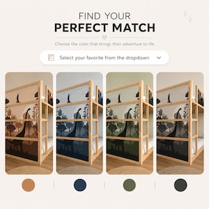 May include: A bunk bed with a wooden frame and a decorative panel featuring a dinosaur and tree silhouette design. The image shows the bed in four different colour schemes: brown, navy, olive green, and grey. The text "FIND YOUR PERFECT MATCH" is at the top.