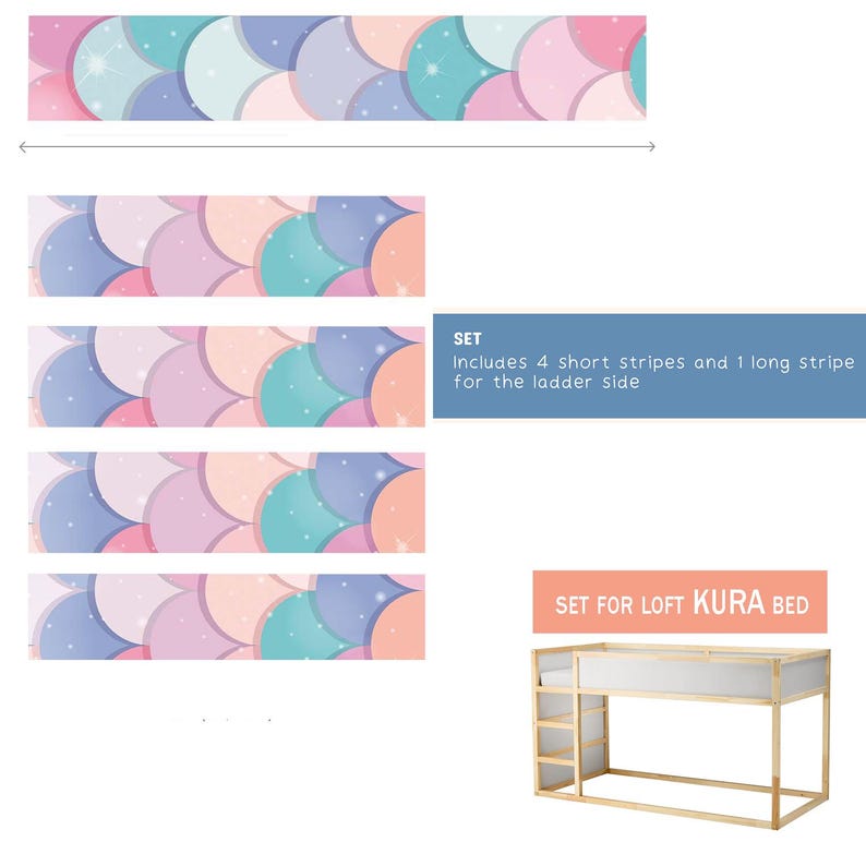 May include: A set of five colorful patterned stripes designed to fit a KURA loft bed. The stripes feature a repeating pattern of overlapping circles in shades of pink, purple, blue, and green with a glittery effect. The text "SET FOR LOFT KURA BED" is visible in the image. The text "SET" is also visible, along with the text "Includes 4 short stripes and 1 long stripe for the ladder side."