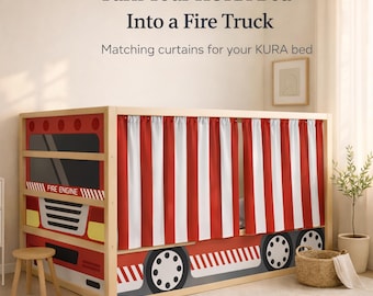 Red Striped Kura Bed Curtains. Matches Fire Truck Kura Decals.