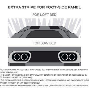 May include: Diagram showing a bed frame component, labelled "EXTRA STRIPE FOR FOOT-SIDE PANEL." Includes illustrations for loft and low beds. Text explains the additional strip's purpose and dimensions: 90 cm or 96.5 cm.