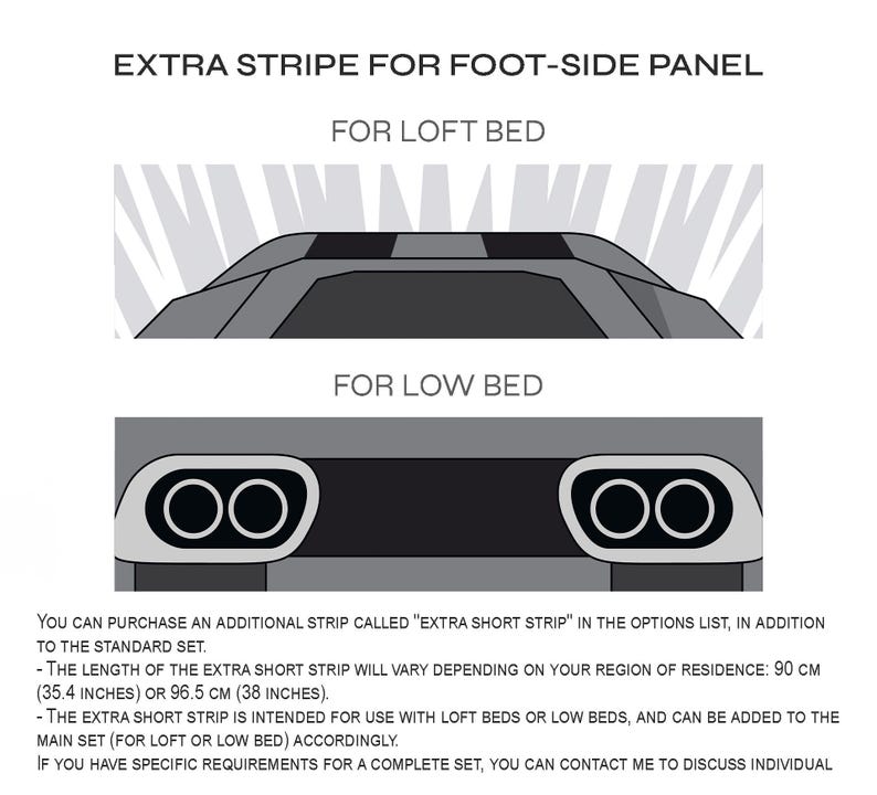 May include: Diagram showing a bed frame component, labelled "EXTRA STRIPE FOR FOOT-SIDE PANEL." Includes illustrations for loft and low beds. Text explains the additional strip's purpose and dimensions: 90 cm or 96.5 cm.