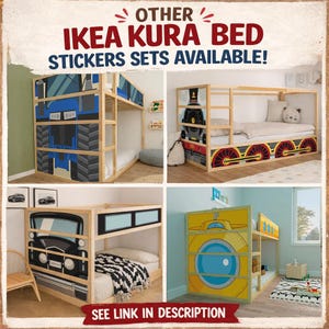 May include: Image showing different IKEA Kura bed sticker sets. Designs include a blue truck, a train, a black car, and a yellow submarine. The text "OTHER IKEA KURA BED STICKERS SETS AVAILABLE!" is at the top, with "SEE LINK IN DESCRIPTION" at the bottom.