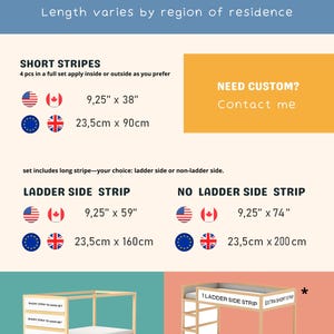 May include: A guide to choosing the right size for a bunk bed. The guide includes measurements in inches and centimeters for short stripes, ladder side strips, and no ladder side strips. The guide also includes a note that extra short stripes are sold separately.