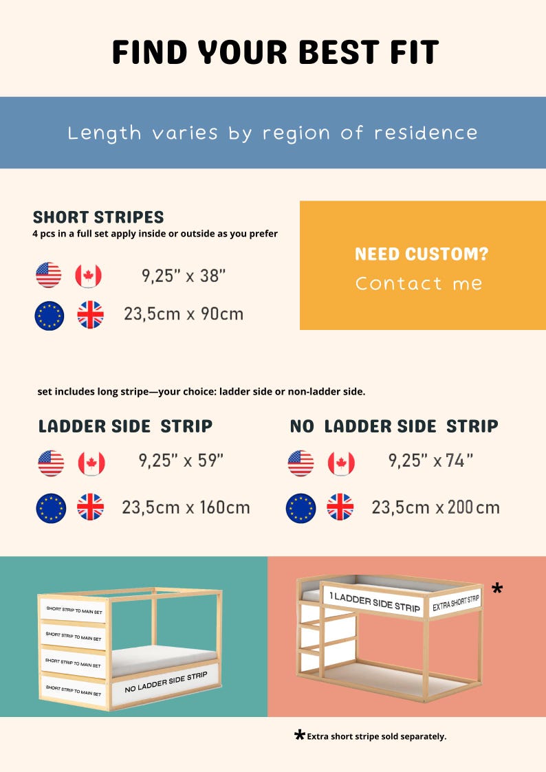 May include: A guide to choosing the right size for a bunk bed. The guide includes measurements in inches and centimeters for short stripes, ladder side strips, and no ladder side strips. The guide also includes a note that extra short stripes are sold separately.