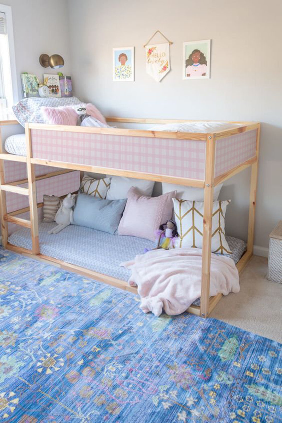 Ikea Kura Bed Girls Room: Pink Checkered Pattern, Pink Tartan Stickers ...