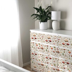 Malm decals. Ikea malm dresser decal retro floral theme. Ikea furniture decals dark botanical theme.