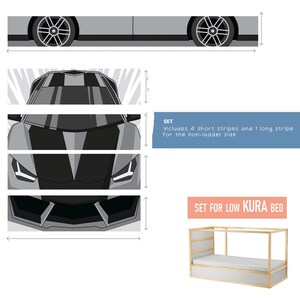 May include: A set of car-themed decals, including a side view, front view, and various design elements. The text reads "SET Includes 4 short stripes and 1 long stripe for the non-ladder side" and "SET FOR LOW KURA BED".
