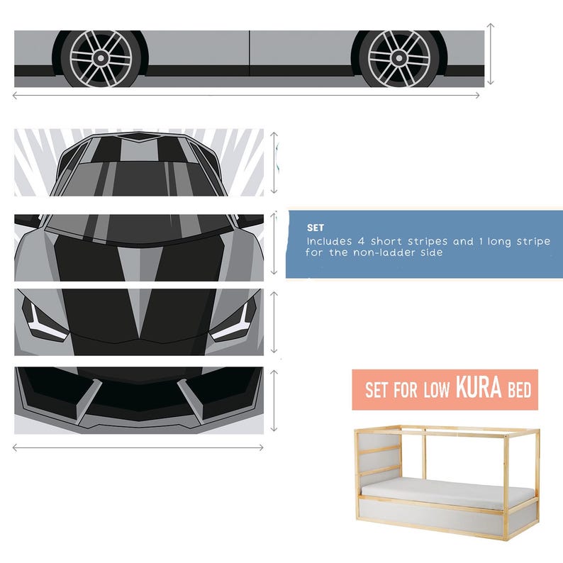 May include: A set of car-themed decals, including a side view, front view, and various design elements. The text reads "SET Includes 4 short stripes and 1 long stripe for the non-ladder side" and "SET FOR LOW KURA BED".