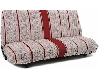 May include: A convertible sofa bed featuring a textured fabric cover with a pattern of vertical stripes in shades of red, beige, and white. The design includes solid red bands interspersed with multi-colored woven sections and a black metal frame.