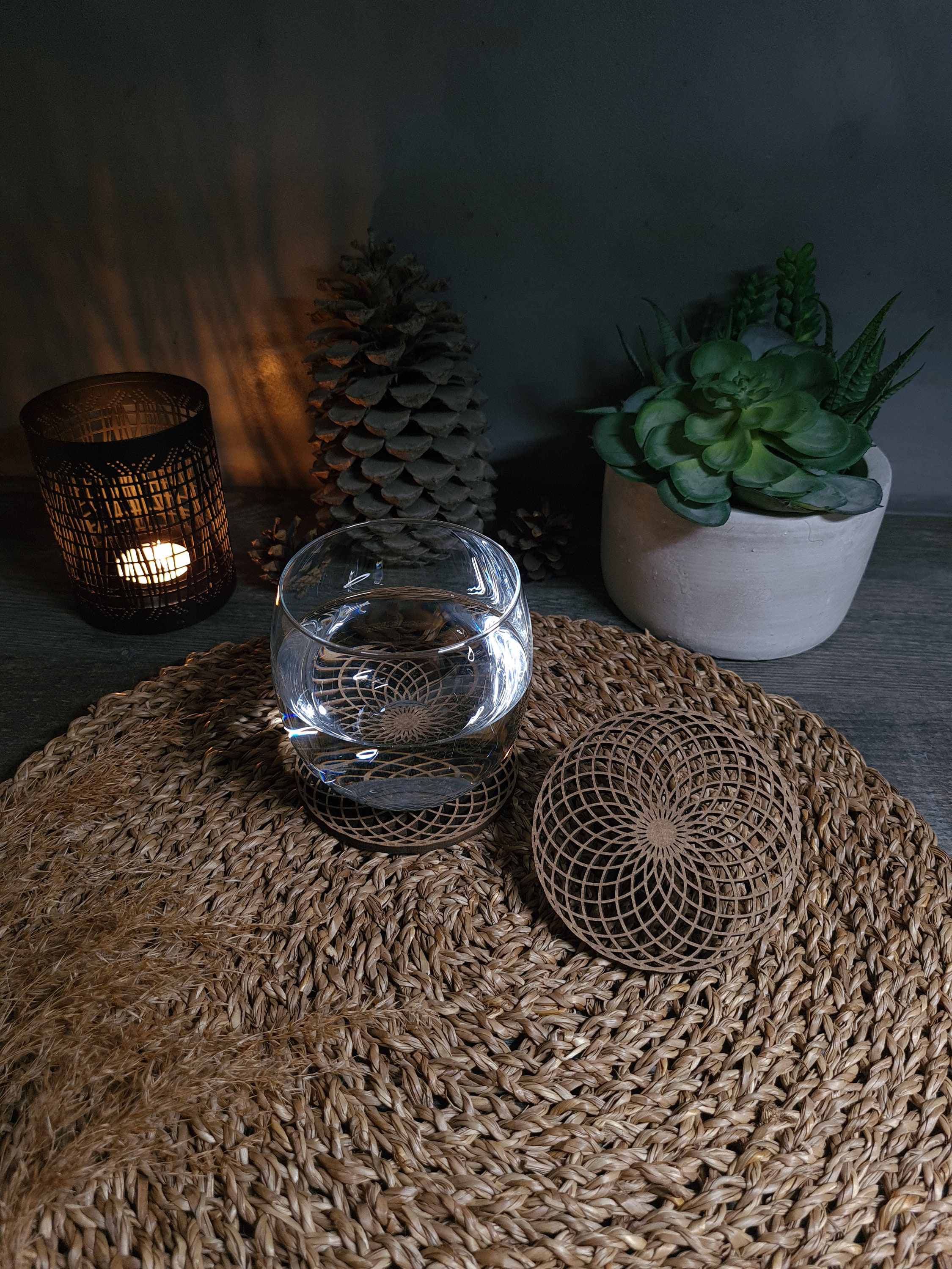 Onde de Forme, Symbole Rosace à 24 Cercles, Dessous Verre, Sous Géométrie Sacrée, Carton Bois Recycl