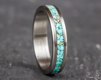 Bague en Titane brossé et turquoise, alliance de mariage unique fait main, style raffiné et contemporain pour homme et femme