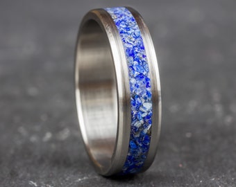 Bague en Titane brossé et lapis lazuli, alliance de mariage unique fait main, style raffiné et contemporain pour homme et femme