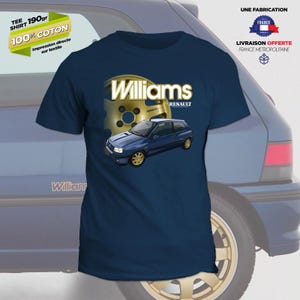Puede incluir: Camiseta azul marino con un gráfico de un coche azul con ruedas doradas, la palabra "Williams" en dorado y el logotipo de Renault. La camiseta también tiene el texto "100% Coton" y "190gr".