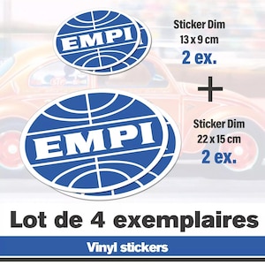 May include: A set of four vinyl stickers. Two stickers are 5.1 x 3.5 inches, and two are 8.7 x 5.9 inches. Each sticker features a blue and white EMPI logo, with the text "EMPI" in a white, bold font.