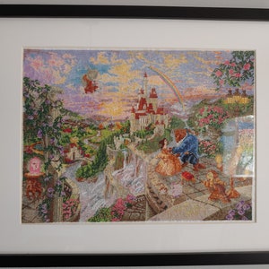 Beauty and the Beast Falling in Love finished and framed cross stitch image 1