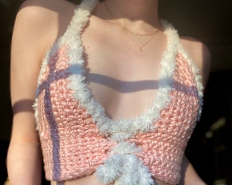Pink Crocheted Crop Top with White Straps- Made to Order