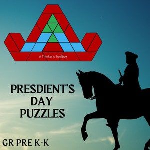 Pode incluir: Imagem publicitária para quebra-cabeças do Dia do Presidente, com um quebra-cabeça geométrico em vermelho, azul e verde, com o texto "A Thinker's Toolbox". As palavras "PRESIDENT'S DAY PUZZLES" e "GR PRE K-K" também são exibidas. Uma silhueta de uma pessoa a cavalo também é visível.