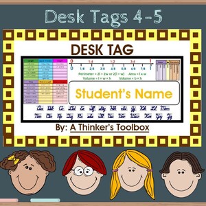 Puede incluir: Una etiqueta de escritorio colorida con una línea numérica, fórmulas para el perímetro, el área y el volumen, y un espacio para el nombre del estudiante. La etiqueta está decorada con caras de dibujos animados y el texto "By: A Thinker's Toolbox".