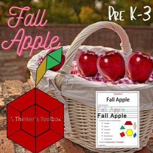 Pode incluir: Uma cesta de vime branca cheia de quatro maçãs vermelhas, contra um fundo de tijolos. A imagem inclui um quebra-cabeça de maçã geométrica e o texto "Fall Apple" e "PRE K-3".