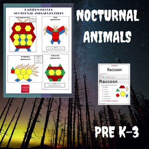 Puede incluir: Un conjunto de rompecabezas de bloques de patrones imprimibles con animales nocturnos, incluyendo un búho, un murciélago, un erizo y un mapache. Los rompecabezas están diseñados para niños de preescolar y jardín de infantes e incluyen claves de respuesta. La imagen también muestra un ejemplo de cómo completar un rompecabezas.