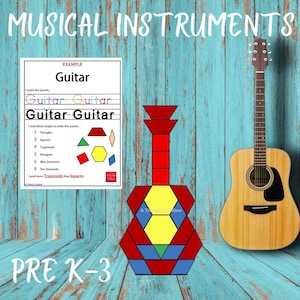 Könnte beinhalten: Ein ausdruckbares Arbeitsblatt für Vorschulkinder mit einer Gitarre aus geometrischen Formen. Das Arbeitsblatt enthält eine Zählübung und eine Schreibaufforderung. Das Bild zeigt auch eine echte Akustikgitarre.