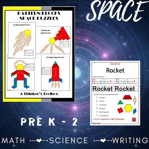 Pode incluir: Uma folha de trabalho imprimível para alunos do jardim de infância e pré-escola que apresenta uma forma de foguete feita com blocos de padrões. A folha de trabalho inclui um exemplo visual da forma do foguete e uma lista do número de cada forma necessária para criar o foguete. A folha de trabalho também inclui uma seção para que os alunos escrevam a palavra "foguete" e desenhem seu próprio foguete.