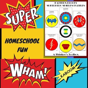 Pode incluir: Uma folha de trabalho imprimível colorida com o título "Pattern Blocks Superhero Shields Puzzles". A folha de trabalho apresenta seis escudos de super-heróis diferentes com instruções para criar cada escudo usando blocos de padrões.