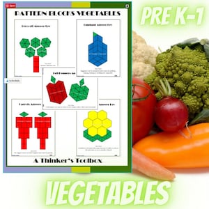 Pode incluir: Um gráfico educativo colorido para alunos do Pré-K-1, intitulado "Pattern Blocks Vegetables". O gráfico apresenta diagramas de vegetais feitos com formas geométricas, juntamente com produtos frescos como tomates, rabanetes e pimentões.