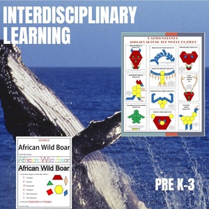 Pode incluir: Um cartaz educativo colorido com o título "Pattern Blocks Animals Around the World Puzzles". O cartaz apresenta formas geométricas e animais, incluindo uma raposa, uma cobra, um pássaro, uma tartaruga, um urso e uma girafa. O cartaz é projetado para alunos do pré-K ao 3º ano.