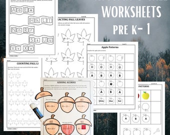 May include: A collection of black and white educational worksheets titled Autumn & Fall Worksheets Pre K-1, featuring activities like Scarf Letters, Subtracting Fall Leaves, Counting Fall Leaves, Adding Acorns, and Apple Patterns with a glue stick.