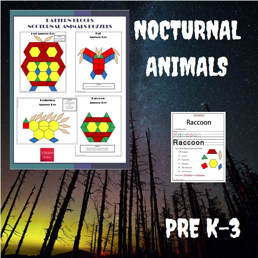 Nocturnal Animals Pattern Block Mat Printables & Worksheets - Etsy Nocturnal Animals Pattern Block Mat Printables & Worksheets - Etsy