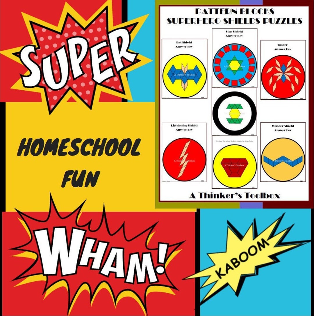 Superhero Shields Pattern Block Mat Printables &amp; Worksheets - Etsy