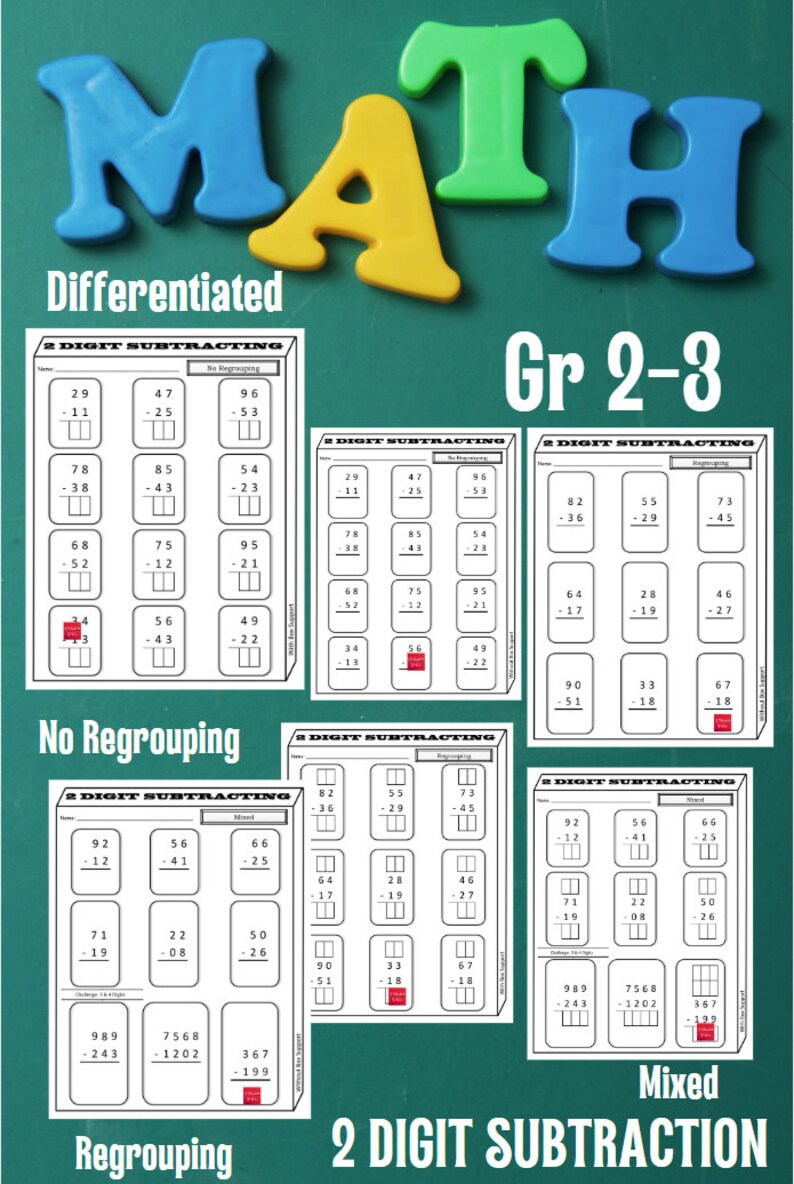 2 Digit Subtraction Printable Worksheets (mixed W/box Support) - Etsy