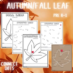May include: A set of black and white connect-the-dots worksheets featuring an autumn leaf design. The worksheets, labelled "Fall Leaf" and "Autumn Leaf", are aimed at Pre K-1 pupils. They include maths problems and a colouring page.