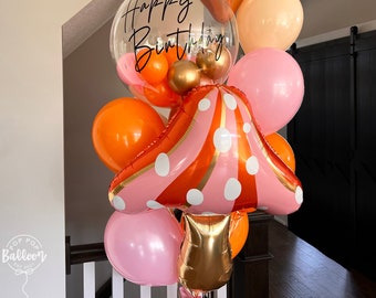 Retro Mushroom Foil Balloon, Birthday, Metallic Decor, Mylar, Fairy Toadstool, Fairytale Themed, Kids Party, Woodland, Orange, Gold, DIY