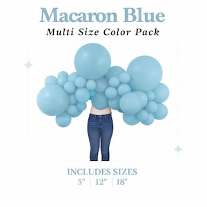 May include: A collection of light blue balloons in various sizes, forming an arch. The text "Macaron Blue Multi Size Color Pack" is displayed at the top. The sizes included are 5", 12", and 18".